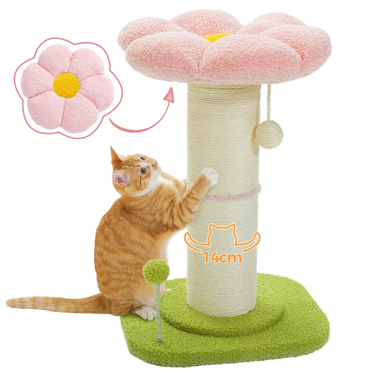 PAWZ Road Flower Katzenkratzbaum - Kleiner Katzenbaum für Indoor-Katzen Mit Super Dickem Kratzbaum [Dia=14cm], Abnehmbares Blumen-Katzenbett, Federball - Rosa