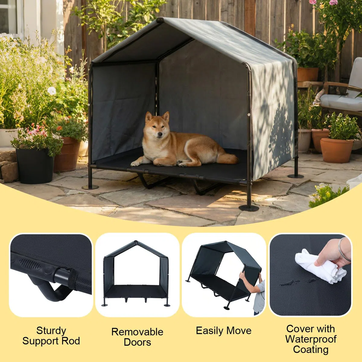 Hundehütte Outdoor mit Hundebett, 100 x 87 x 106 cm, Sonnengeschützte Hundehütte für Kleine bis Große Hunde und Katzen, Wasserdichtes Hundezelt mit Abnehmbarer Tür, für Camping, Garten, Dunkelgrau