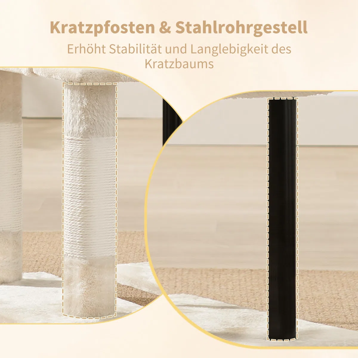 Heybly Kratzbaum, 125 cm Kleiner Katzenbaum, Geräumiges und Bequemes Kratzbaum mit Höhle, Oben Sitzstange, Sprungplattform, Kratzsäule, Korb, Stabile Metallrohre, Beige HCT200SM