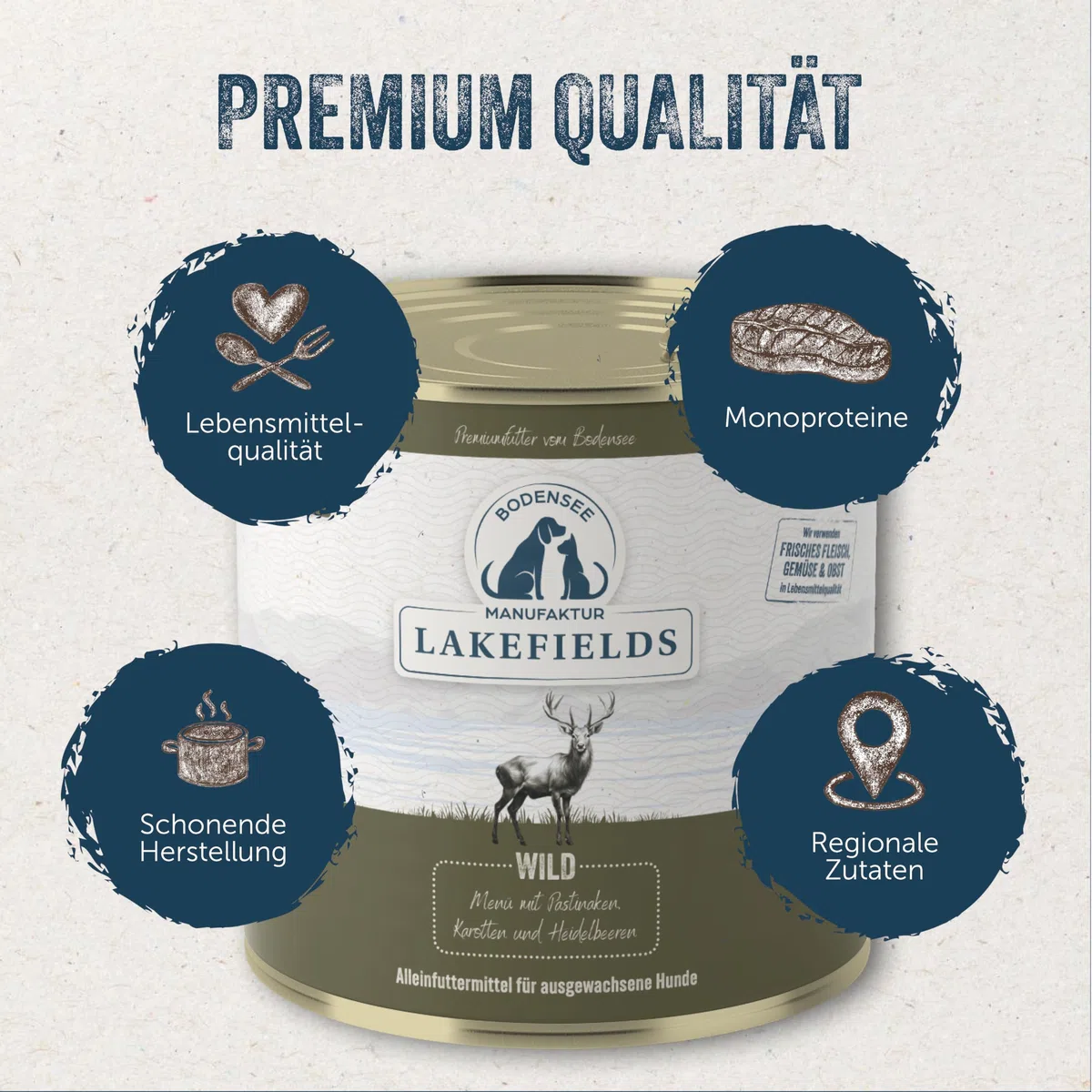 Lakefields Premium Hundefutter Nass | Wild 59% | 6 x 800g | Getreidefreies Nassfutter für Hunde | Natürliche Zutaten in Lebensmittelqualität | Karotten, Kartoffeln & Heidelbeeren | Schonend gegart