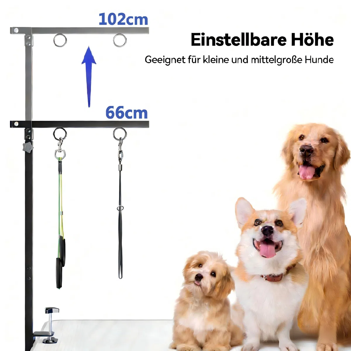 Faltbarer Hundepflegetisch-Arm mit Tischklemme – Höhenverstellbar 66–102 cm, Grooming-Arm mit Hängematte & Anti-Sitz-Schlaufe, Hunde-Fixierung für kleine & mittelgroße Hunde, Zuhause oder Salon