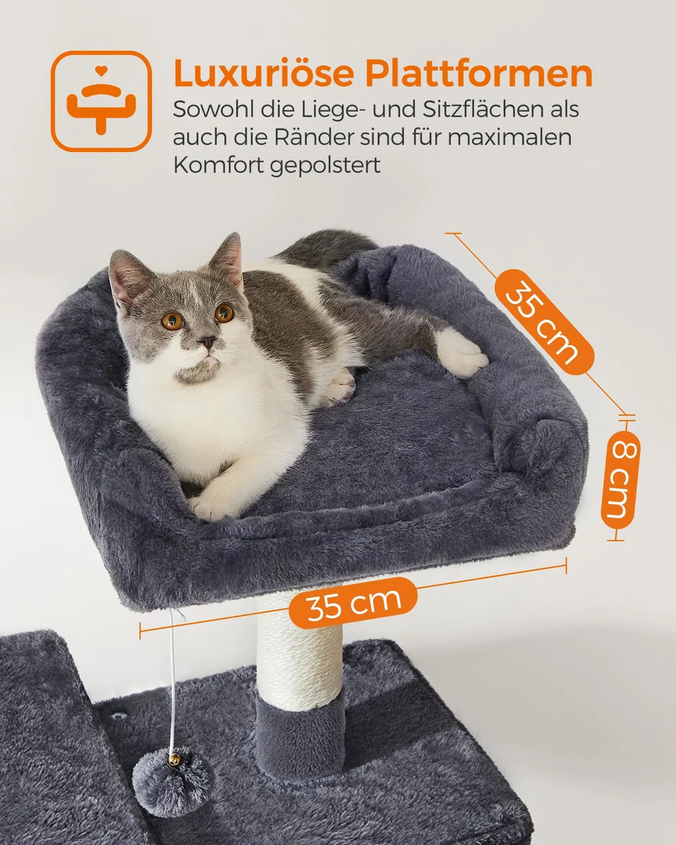 Feandrea Kratzbaum, 143 cm hoch, Katzenbaum, mehrstöckiges Katzenhaus, mit 4 Kratzsäulen, 2 Plattformen, Hängematte, Höhle, rauchgrau PCT161G01