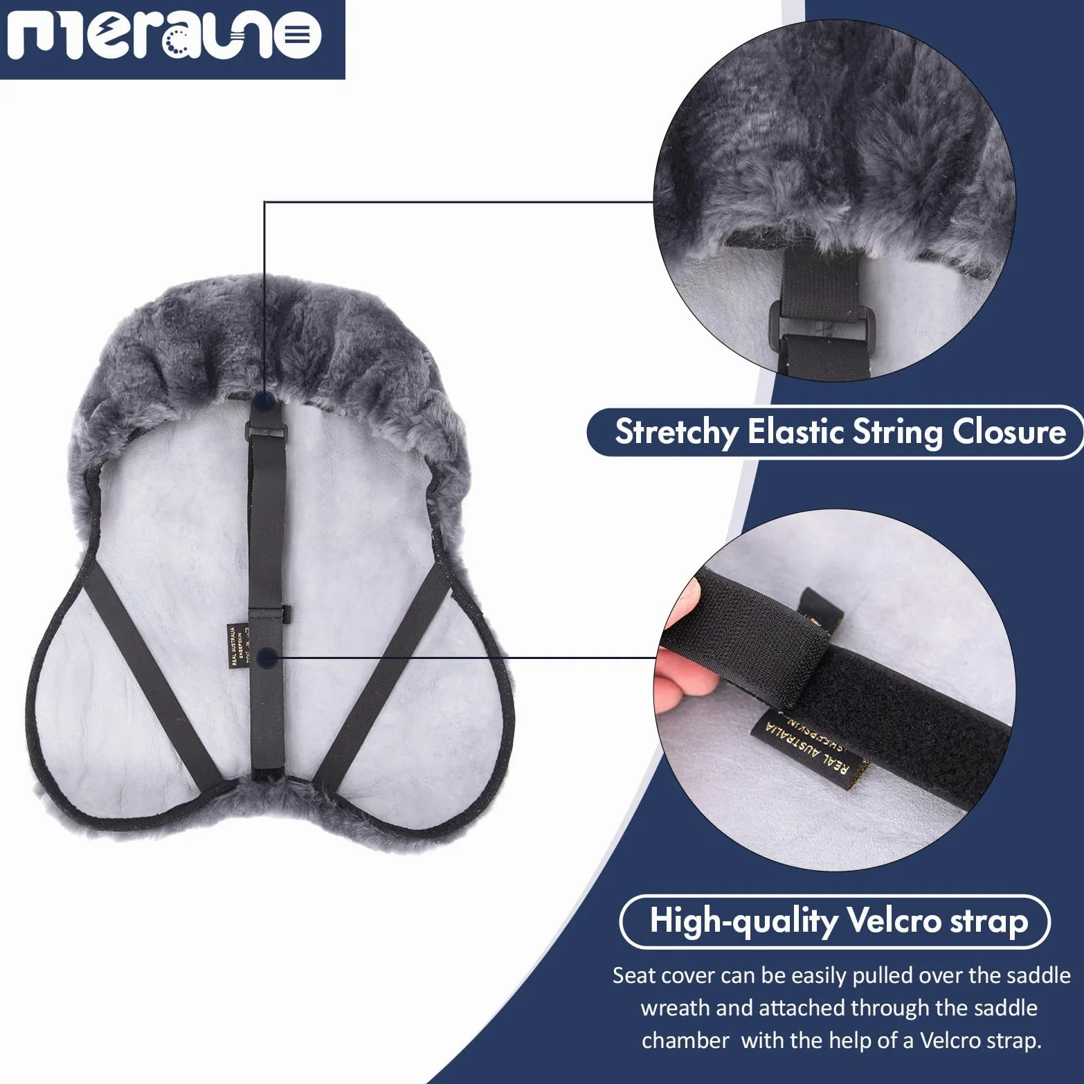 Lammwolle Sattelsitzbezug, aus Merino Lammwolle für optimalen Sitzkomfort, mit Einer regulierbaren Klettstrippe. Passend für alle englische Sättel. Farbe: Natur, Schwarz, Braun, Anthrazit.