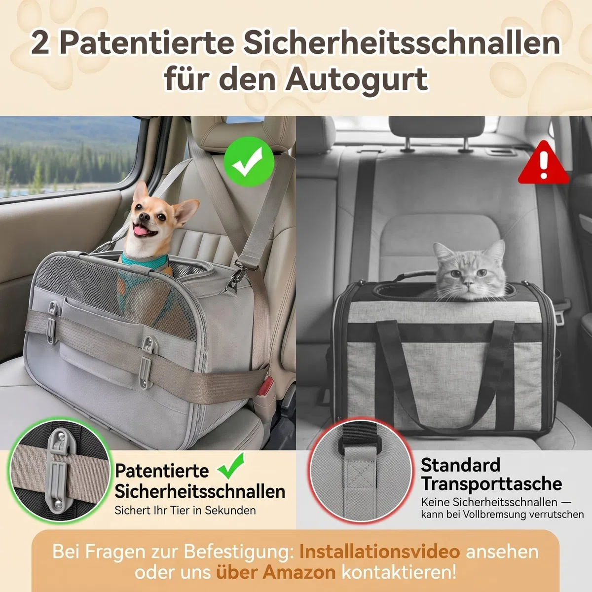 A 4 PET Transportbox Katze mit Auto patentieren Sicherheit Schnallen, Atmungsaktive Hundetasche Transporttasche für Hunde & Katzen bis 7 kg mit Verschließbare Reißverschlüsse & Sicherheitsgurt