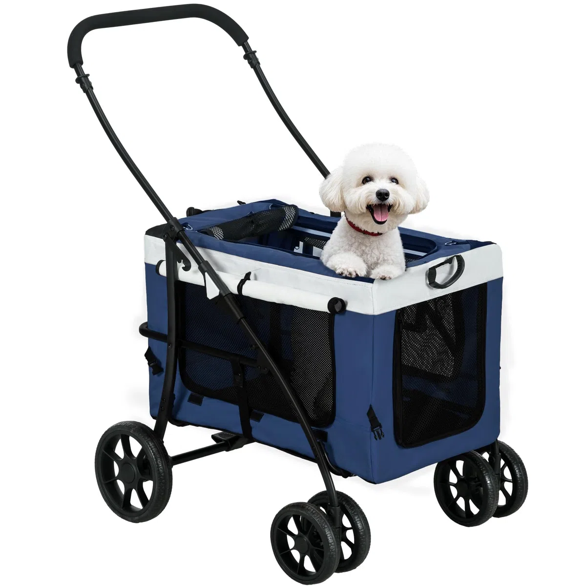 PawHut 2 in 1 Hundewagen Hundebuggy klappbar für Hunde & Katzen bis 10 kg Katzenbuggy mit Kissen Netzfenstern Türen Aufbewahrungskorb Katzenwagen Buggy Blau