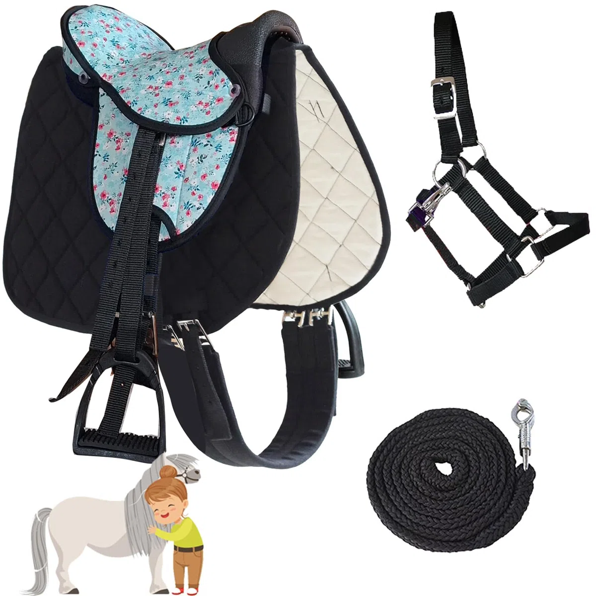 My Sweet Pony Kinder Shettysattel-Set Dream Flower Halfter Führstrick Sattel für Pony Shetty Holzpferd