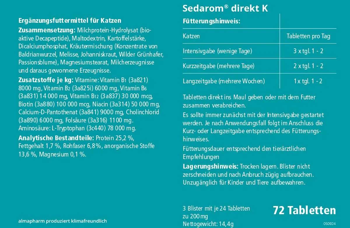 almapharm Sedarom direkt K | 72 Tabletten | Ergänzungsfuttermittel für Katzen | Zur Unterstützung des Nervenstoffwechsels zur Stressabschirmung