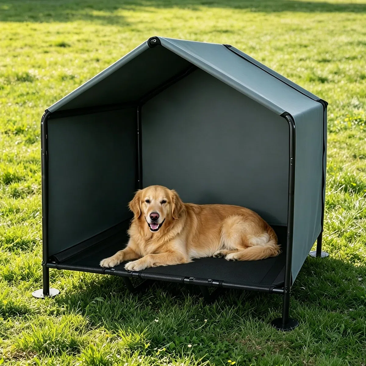 Hundehütte Outdoor mit Hundebett, 100 x 87 x 106 cm, Sonnengeschützte Hundehütte für Kleine bis Große Hunde und Katzen, Wasserdichtes Hundezelt mit Abnehmbarer Tür, für Camping, Garten, Dunkelgrau