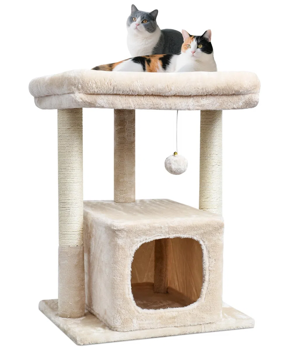 SYANDLVY 68cm Katzenbaum für Indoor-Katzen, Aktivitätsturm mit Kratzerposten, Moderne Kätzchen Condo mit Plüsch Perch & Hängen Ball zum Spielen (Beige)