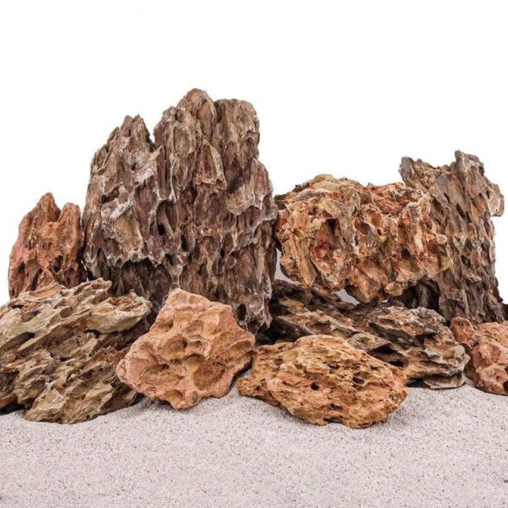 AquaOne Aquarium Steine Drachensteine 10kg Mix I Natursteine Dragon Größe S bis XL I Aquascaping Gestein I Felsen Dekoration I Pagode Rückwand braun
