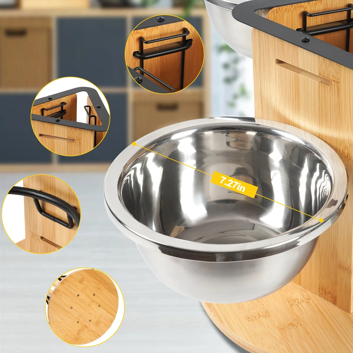 Hundenapf Erhöht für Hunde, 3 Höhenverstellbar Hundenäpfe mit 3X1400ml Edelstahlnäpfen und Holz Dreiseitige Erhöhte Hundenapfständer Futternapf Futterstation Hunde Fressnapf