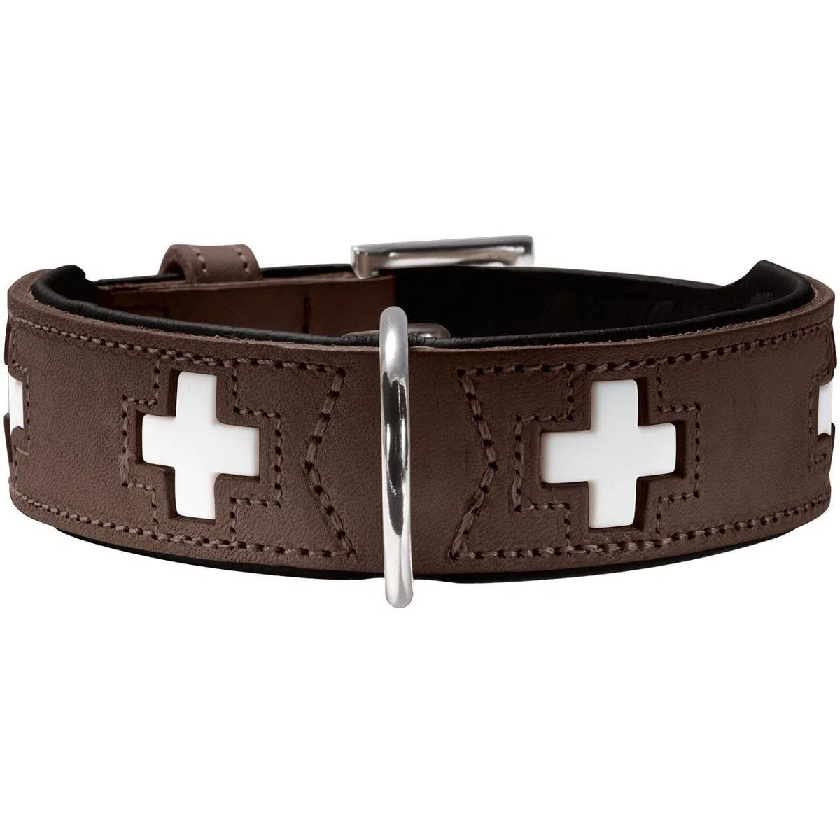 HUNTER Hundehalsband SWISS, Farbe: braun/schwarz, weiches Rindnappaleder, handvernähte Schweizer Kreuze, langlebig und komfortabel, hochwertige Handarbeit, Made in Germany, Größe: M (55)