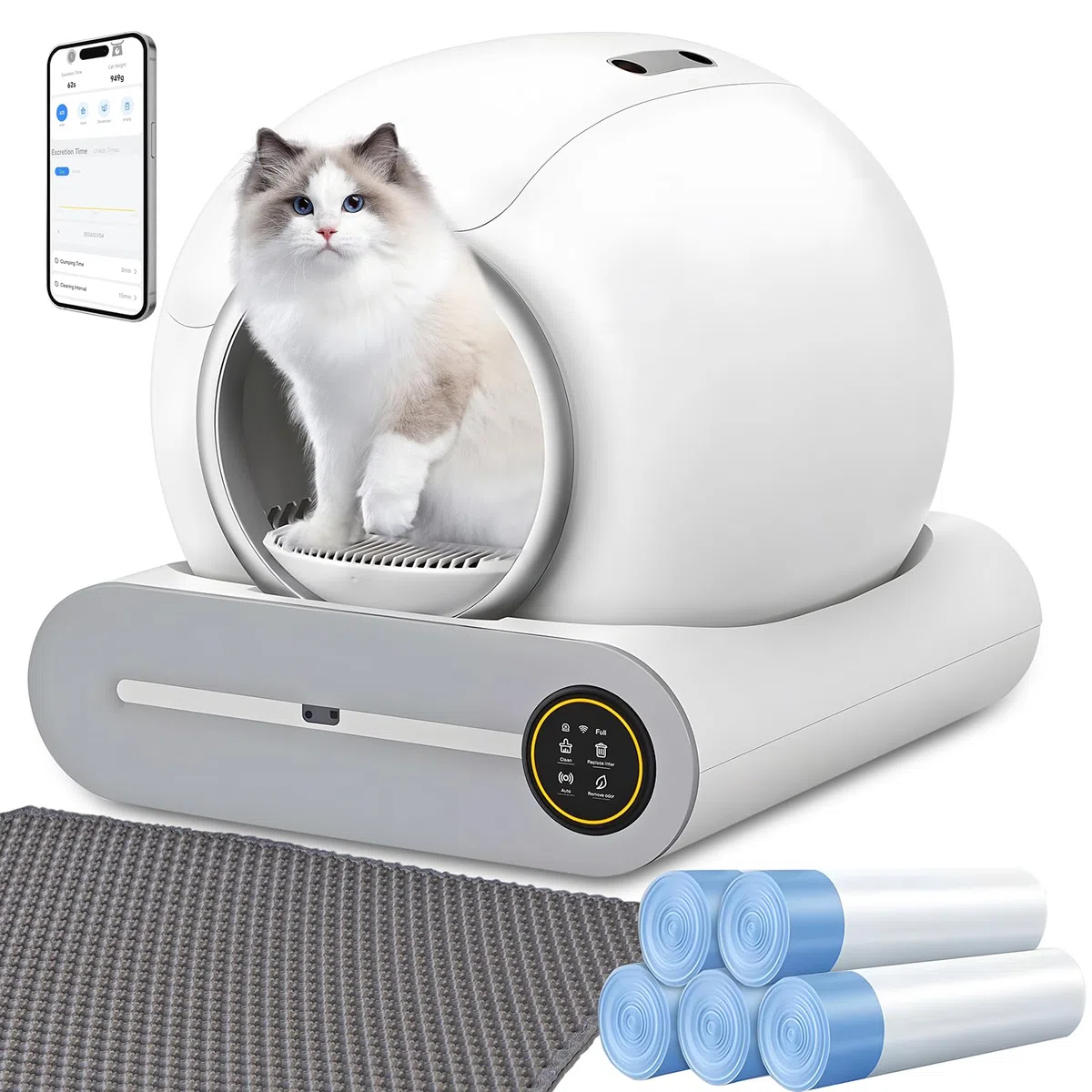 Selbstreinigende Katzentoilette, 65L+9L Selbstreinigende Toilette mit 5 Rollen Müllsäcken und 1 Fußmatten, Automatische Elektrisches Katzenklo, App Steuerung für Mehrere Katzen