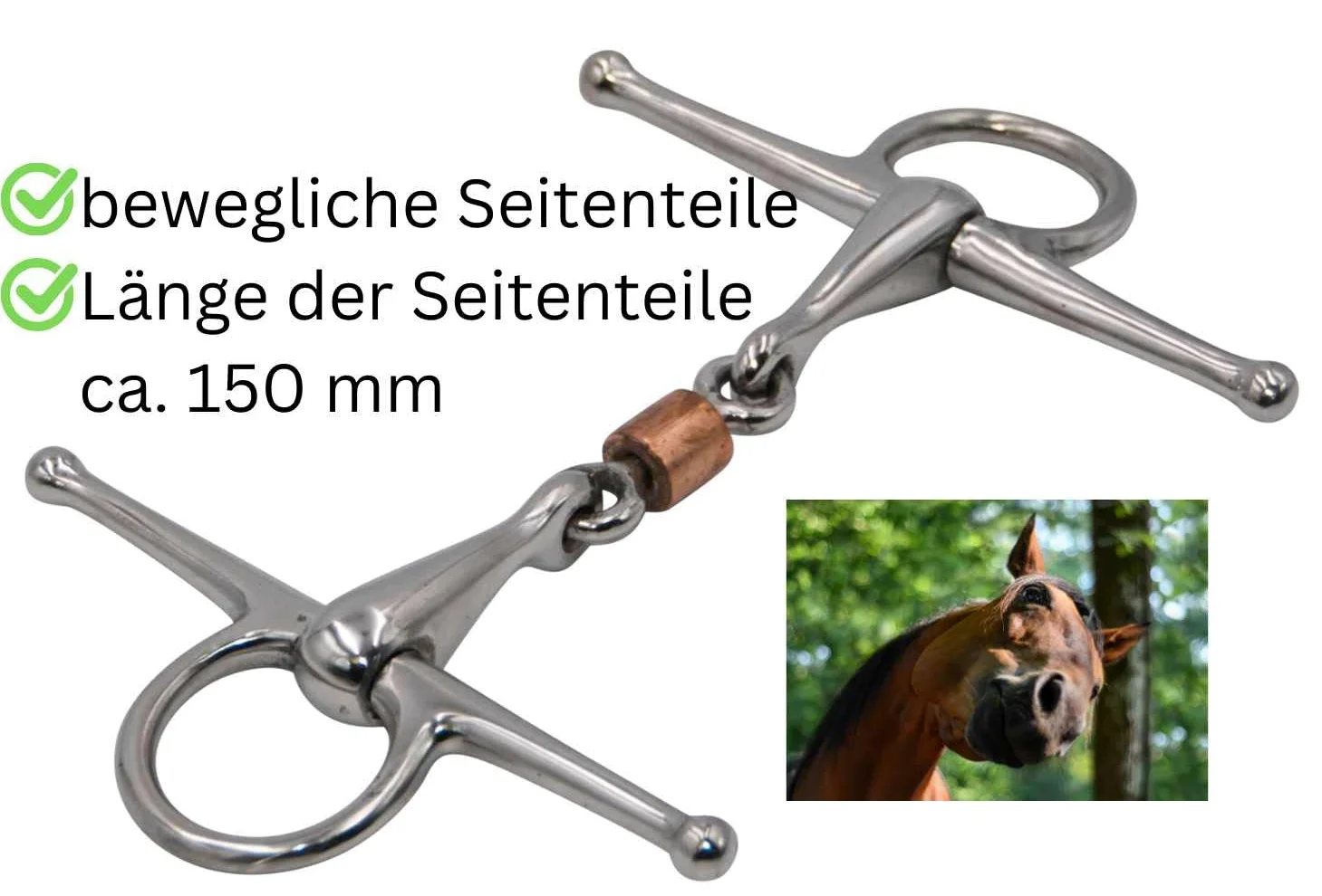 AMKA Knebeltrense Schenkeltrense doppelt gebrochen mit Kupferrolle Edelstahl Stärke 15 mm Ringe 45 mm