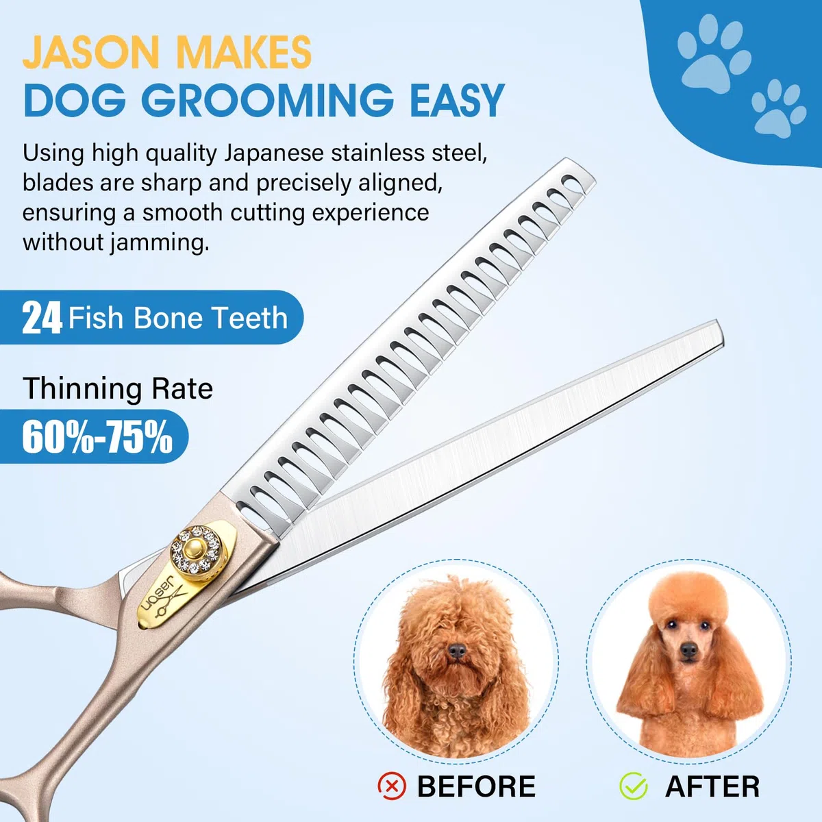 JASON Profi Hundeschere - 7,5 Zoll 24 Zähne Chunker Schere Effilierschere für Hunde aus japanischem 440C-Edelstahl Fellschere für Hunde mit ergonomishcen Griff, Roségold