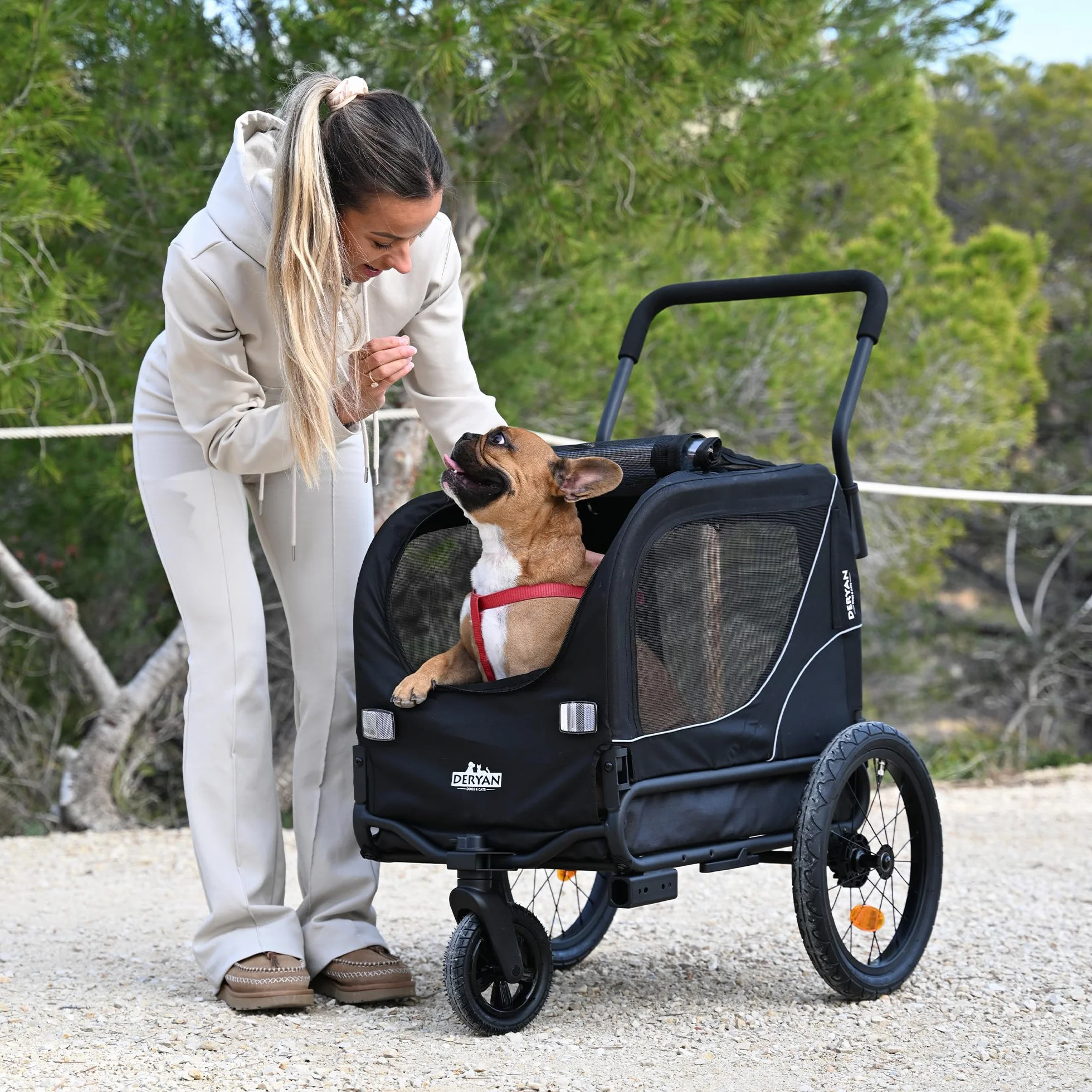 Deryan Hundefahrradanhänger 2-in-1 für Hunde - Fahrradanhänger XL, Jogger & Buggy - Zusammenklappbar & Multifunktional - Bis 20 kg - Für E-Bikes geeignet - Federung Fahrradanhänger Jogger - Schwarz