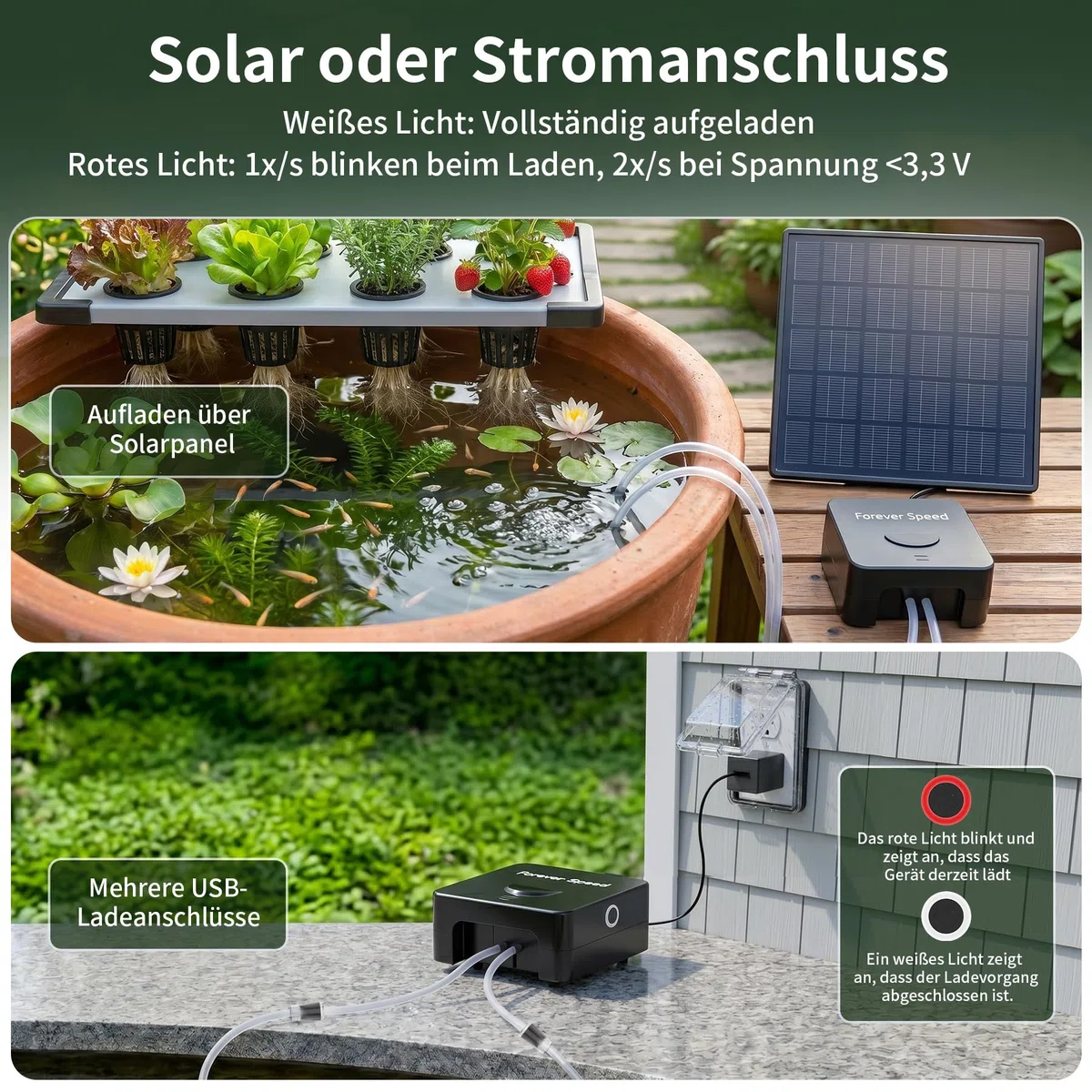 Forever Speed Solar Teichbelüfter mit Akku Leise, Auto Energieeinsparung Sauerstoffpumpe für Kleiner Teich Aquarium, Aufladbar Teichbelüfter Solar USB Doppelladen