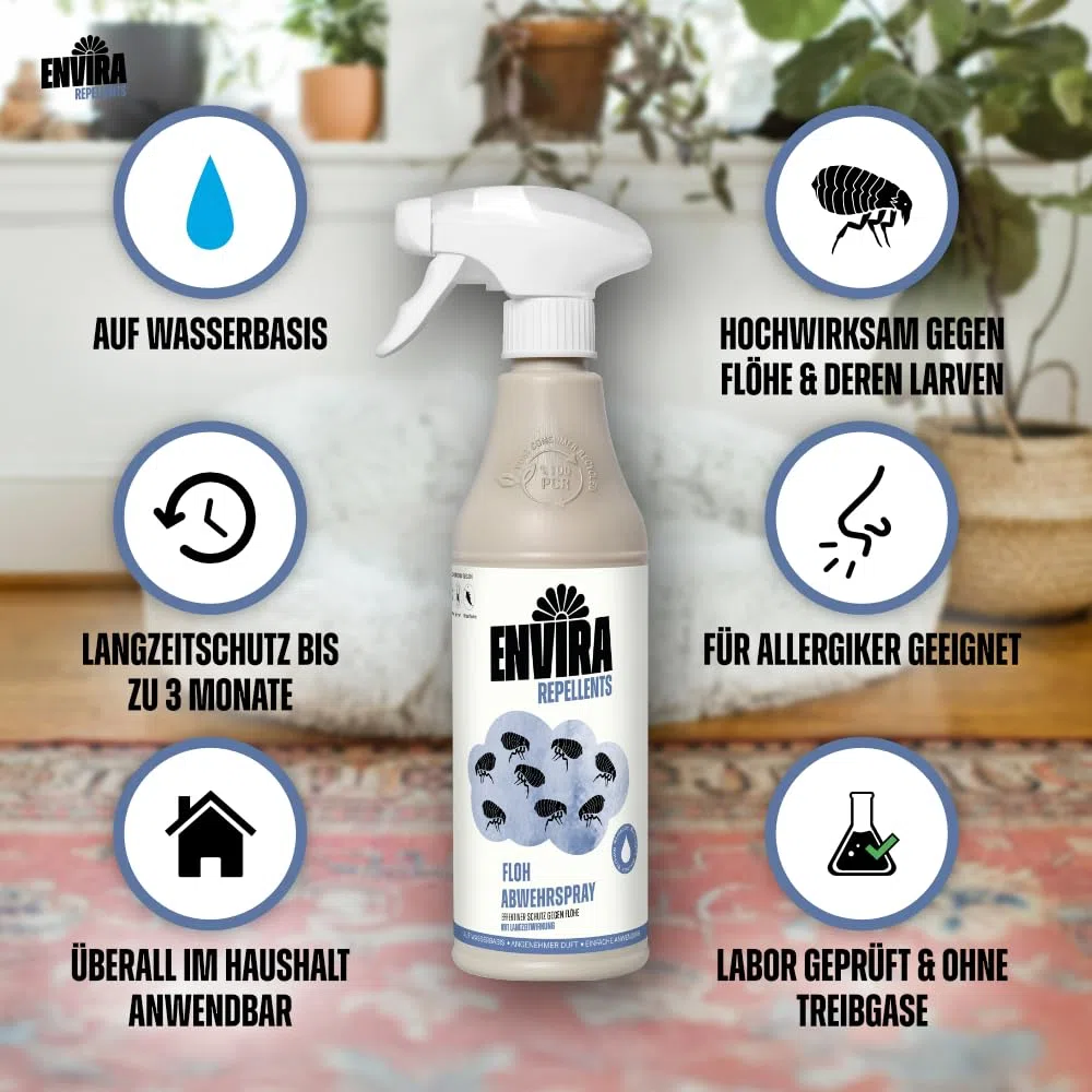 Envira Floh Abwehrspray 5 Liter - Spray mit Langzeitwirkung gegen Flöhe, Katzenfloh, Hundefloh - Mittel gegen Flöhe für Wohnung & Möbel - Effektives Flohmittel & Flohschutz