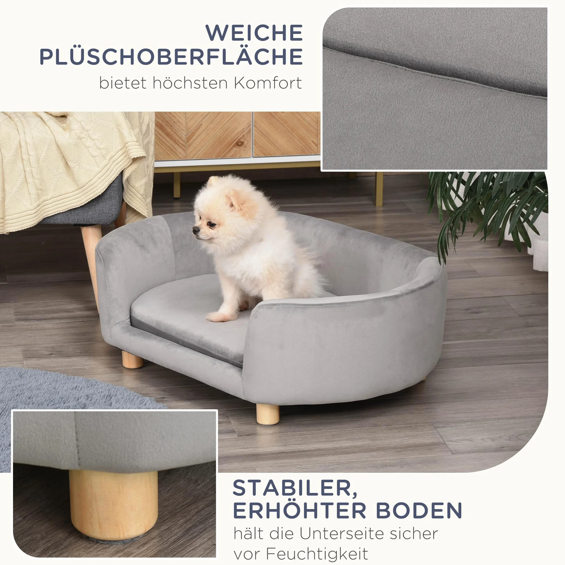 PawHut Hundesofa Hundebett aus holländischem Samt Hundecouch mit Rückenlehne, Holzbeine, Kissen, Katzensofa mit weicher Polsterung für kleine Hunde 86 x 55 x 33 cm Hellgrau