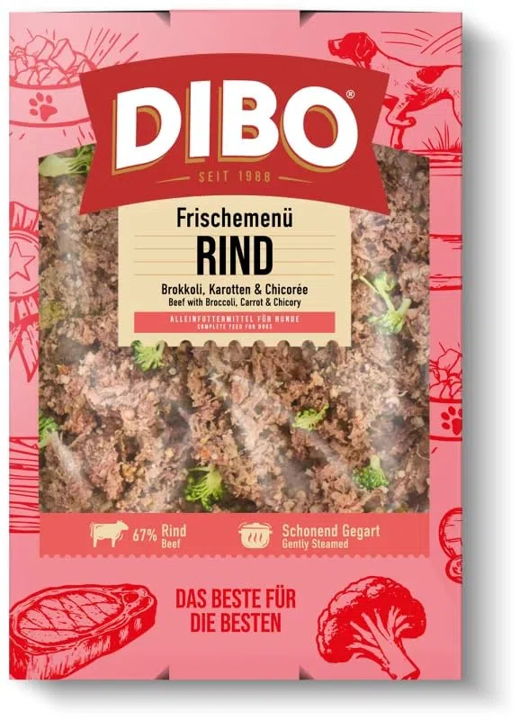 DIBO Frischemenü Rind 8kg (20 x 400g) - Tiefgekühltes Komplettmenü mit Rind, Reis & Gemüse – Omega‑3‑reiches Hundefutter - Sous‑Vide gegart - Ohne Getreide & Zusatzstoffe