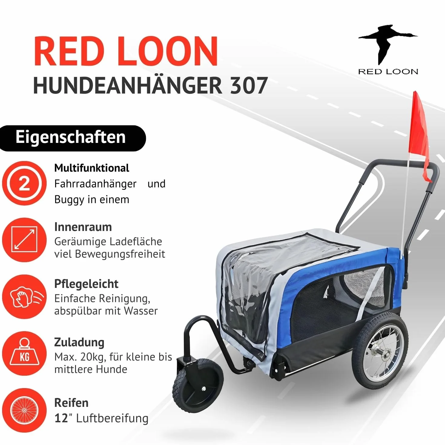Hundeanhänger 2in1 Fahrradanhänger Hundetransporter - Red Loon Mini Anhänger & Jogger/Buggy blau - Radanhänger Fahrrad Transporter Hundebuggy - inkl. Fahne