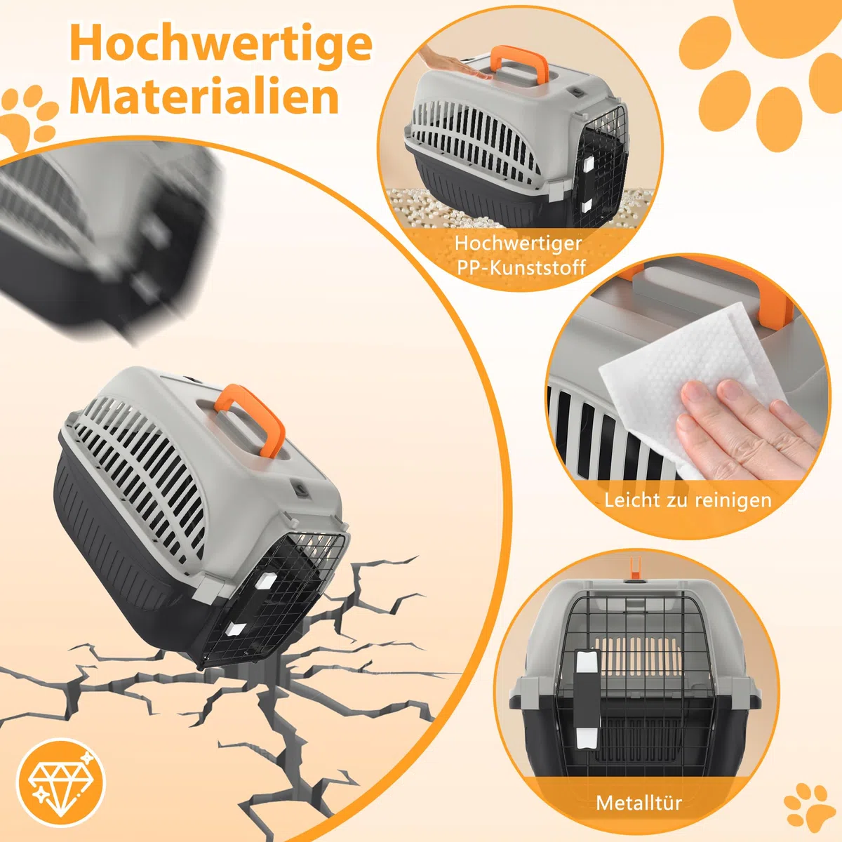 YUENFONG Transportbox Katzen 61x37x37cm Katzentransportbox für kleine Hunde, Tiertransporter aus ABS & PP Kunststoff Material, mit Metalltür & Napf, Grau und Schwarz