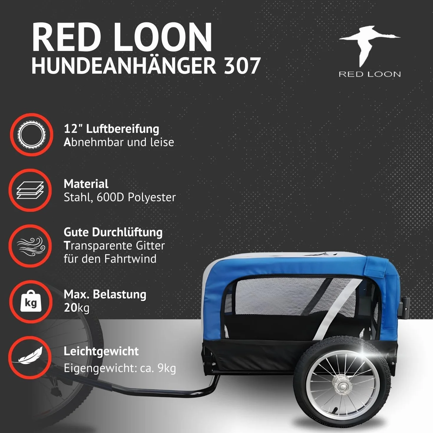 Hundeanhänger 2in1 Fahrradanhänger Hundetransporter - Red Loon Mini Anhänger & Jogger/Buggy blau - Radanhänger Fahrrad Transporter Hundebuggy - inkl. Fahne