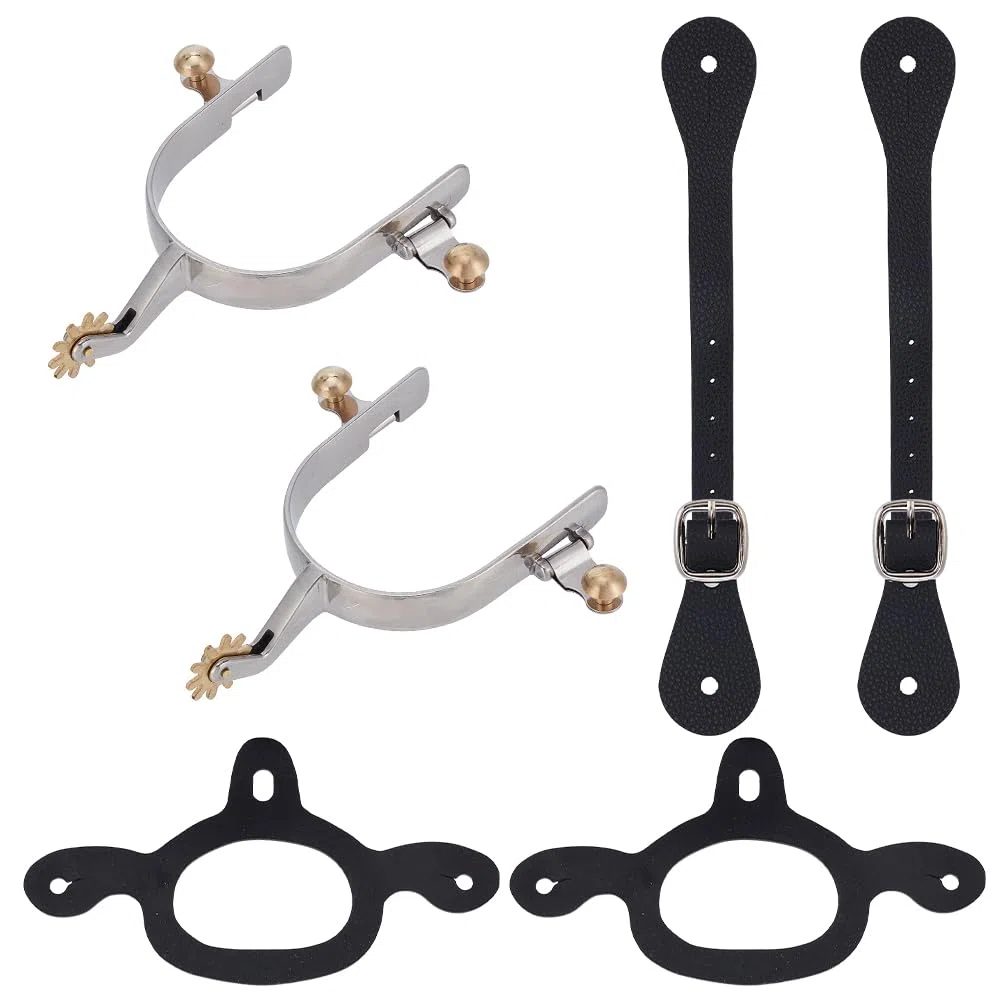 WEBEEDY 2 Paket Edelstahl Sporen für Cowboy Stiefel mit Festzurrgurten,Leder Gürteln,Western Pferd Reiten Sporen Drehbares Zahnrad für Cowboy Stiefel Training Wettbewerb Zubehör