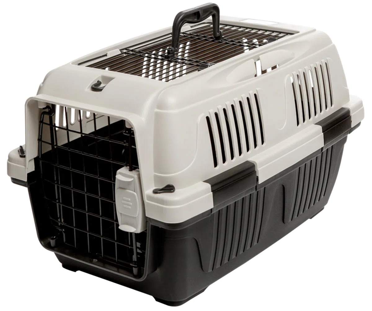 Dehner Lieblinge Hunde-Transportbox/Katzen-Transportbox Robbi, 35 x 37 x 57 cm, Tiergröße M, Kunststoff/Metall, hellgrau/dunkelgrau