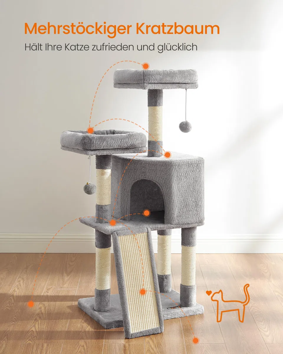 FEANDREA Kratzbaum klein, Katzenbaum mit Kratzbrett, Plattformen, für Katze, weicher Plüsch, 115 cm, vollständig mit Sisal umwickelte Säule, hellgrau PCT141W01