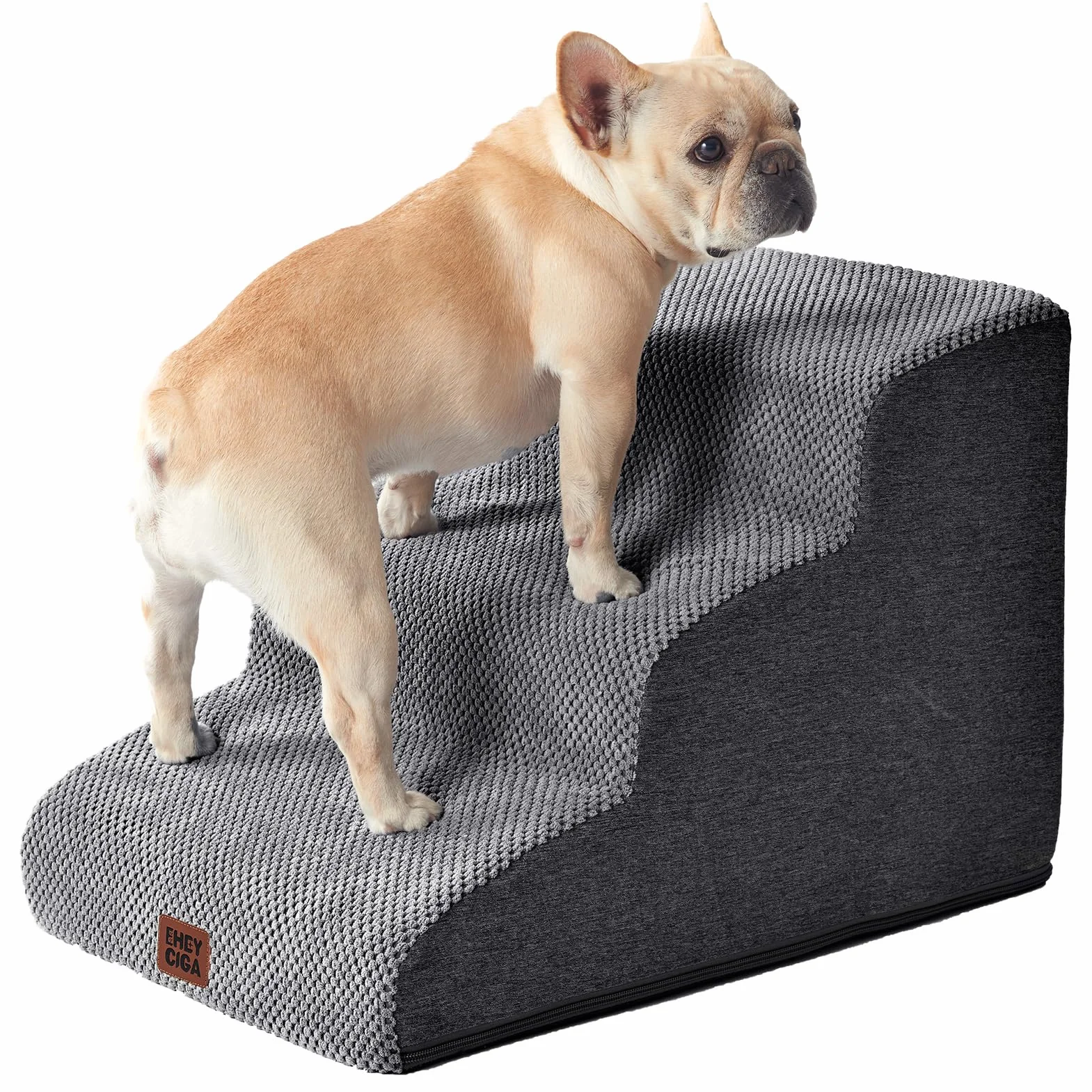 EHEYCIGA Hundetreppe für Kleine Hunde 40 cm Hoch, Haustiertreppe für Sofa Bett, Treppe für Hunde aus Hochdichtem Schwamm, Hunderampe mit Waschbarem Bezug und Rutschfestem Boden, 3 Stufen, Grau