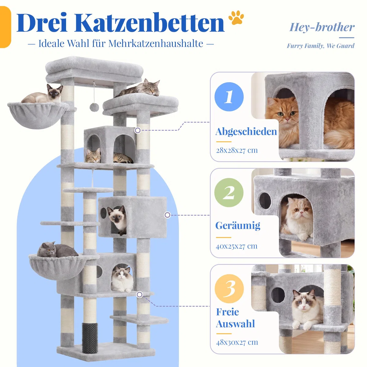 Hey-brother Kratzbaum, 188 cm Katzenbaum, XXL Kletterbaum mit 2 groß Plattform, 3 Höhlen, 2 Korb, Plüschbälle und Sisal Kratzbäume, mehrstöckiger Katzenkratzbaum, Hellgrau MPJ035-MW