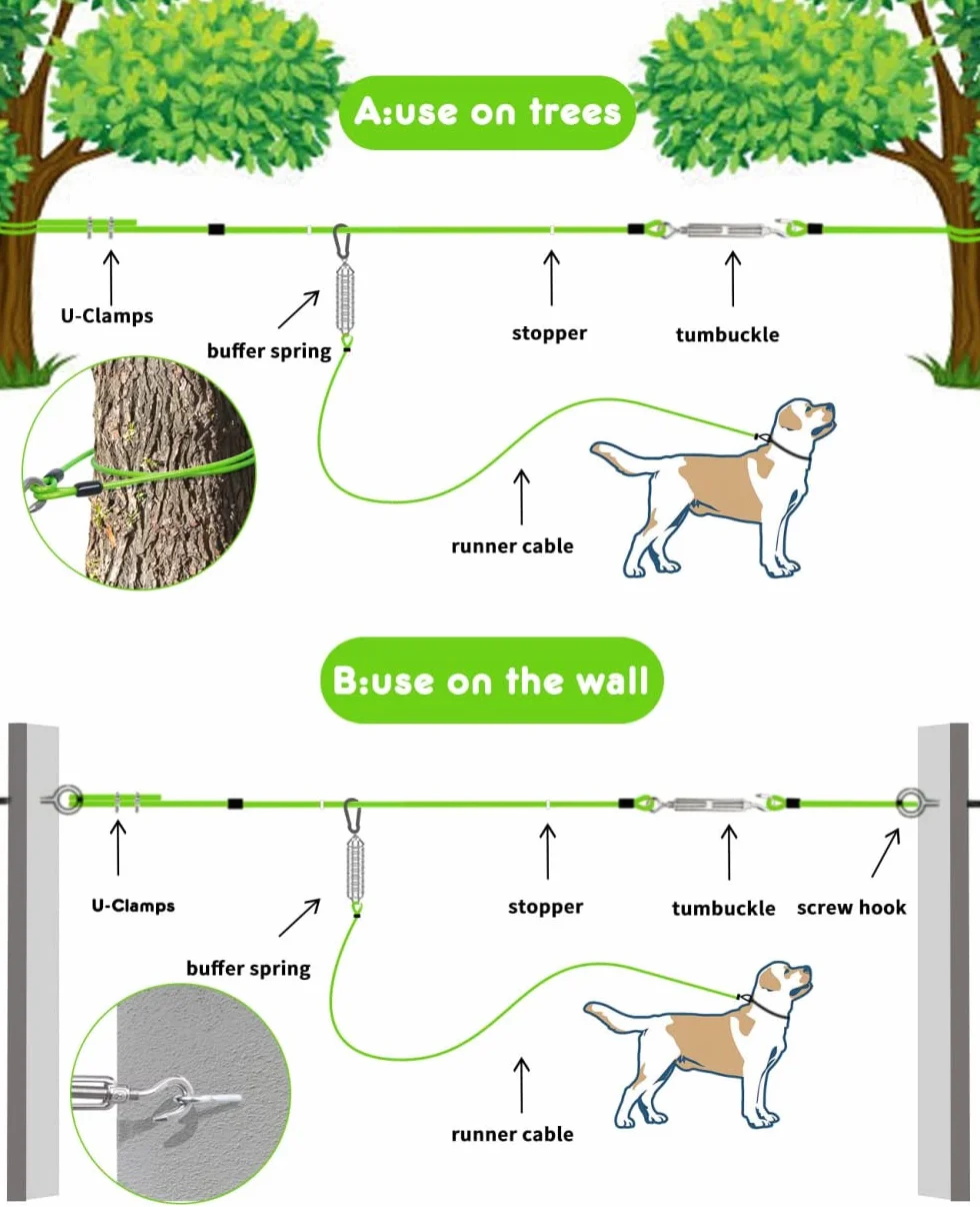 Robustes Hunde-Auslaufkabel, 18,3m rostfrei, mit Hundeläufer für Hof und Camping, großes Hundeläufer für Hunde bis zu 54 kg