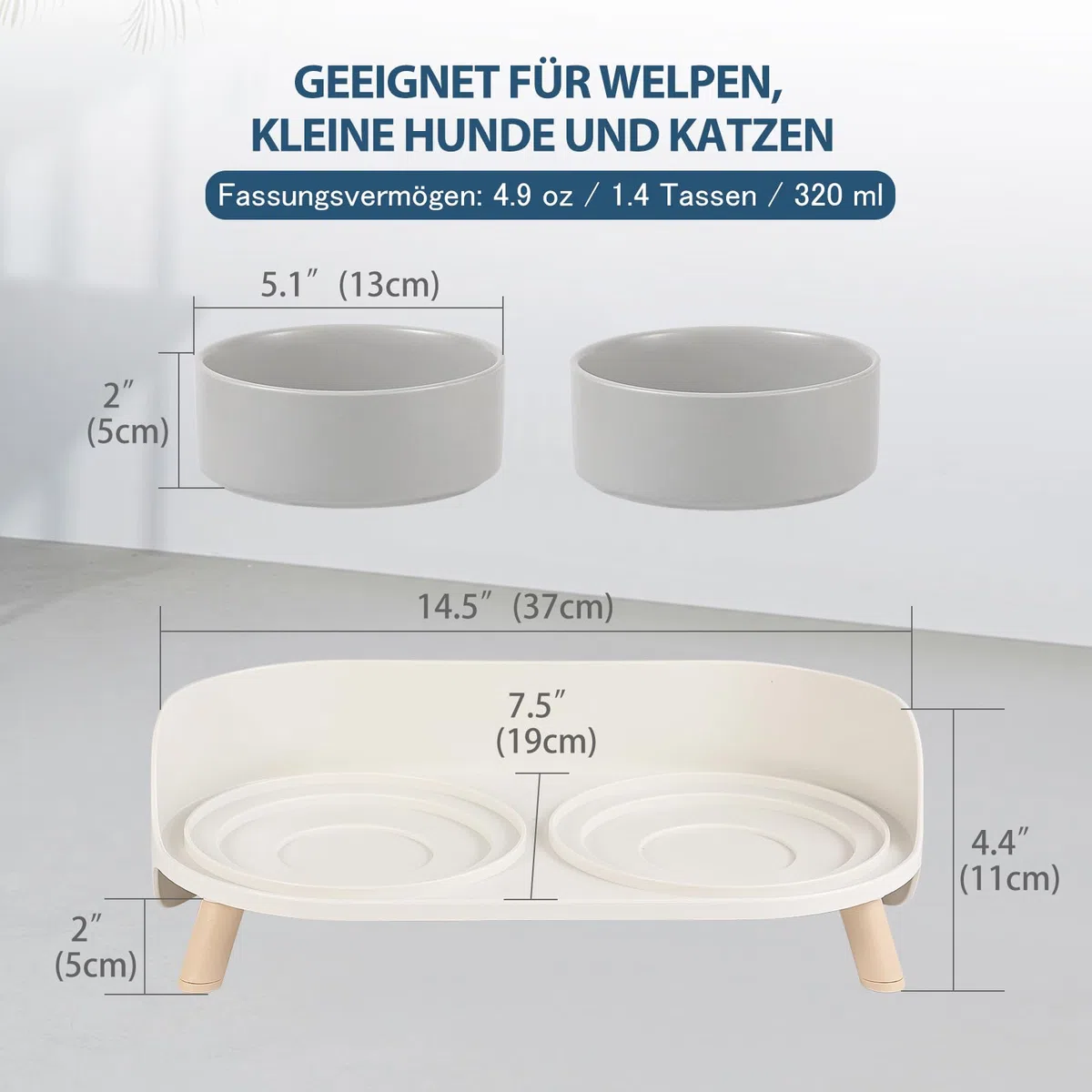 Katzennapf Keramik erhöht mit Ständer, Doppelnapf rutschfest mit Spritzschutz, Futter- und Wasserschalen für Katze, Welpen und kleine Hunde, komfortable Fresshöhe, leicht zu reinigen, 2 x 320 ml Grau