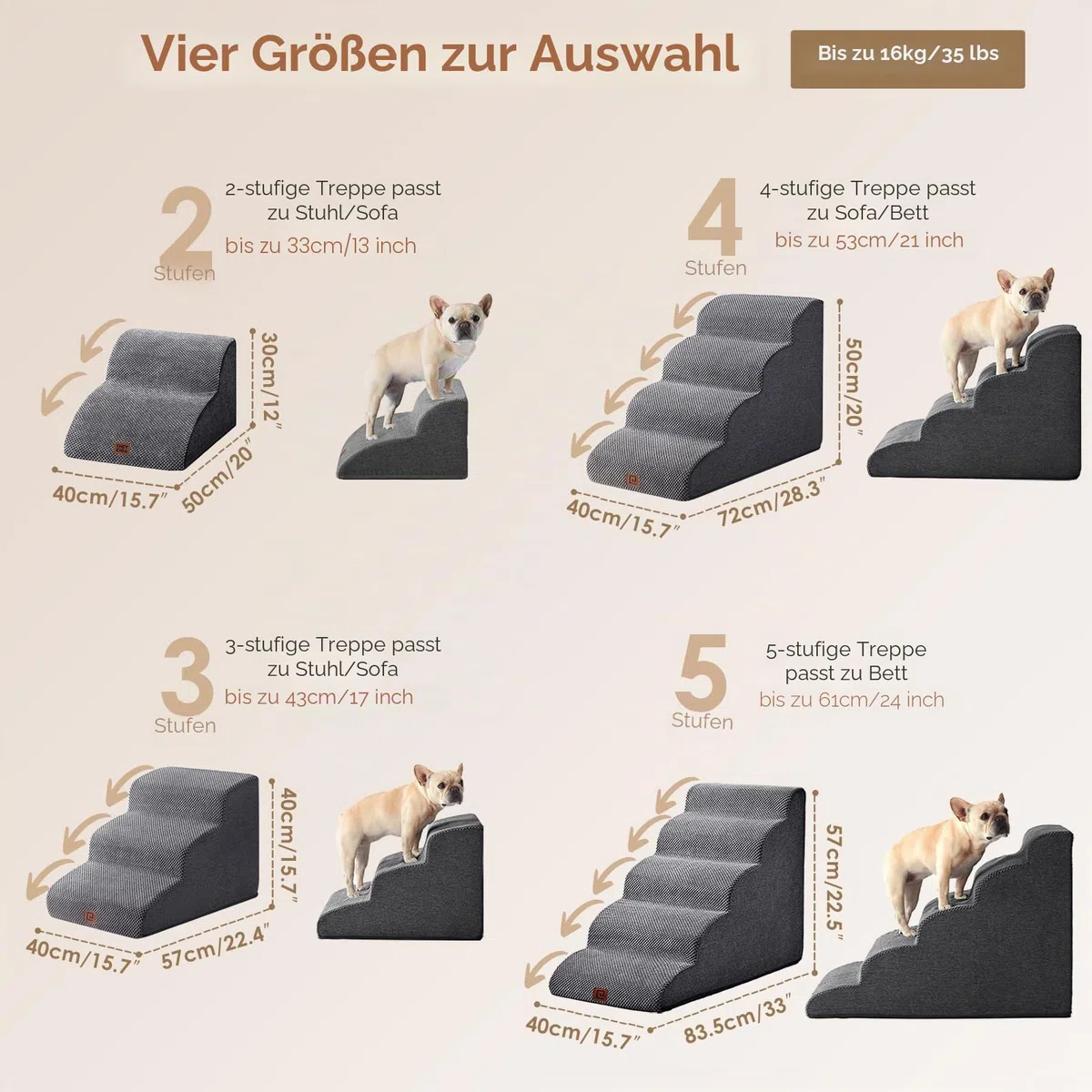 EHEYCIGA Hundetreppe für Kleine Hunde 40 cm Hoch, Haustiertreppe für Sofa Bett, Treppe für Hunde aus Hochdichtem Schwamm, Hunderampe mit Waschbarem Bezug und Rutschfestem Boden, 3 Stufen, Grau