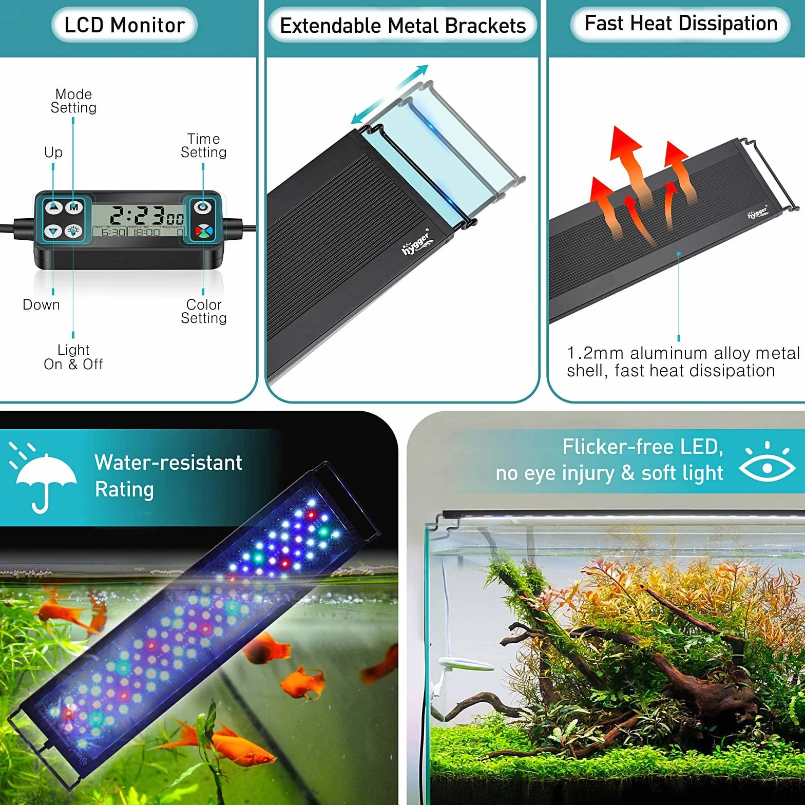 hygger Aquarium Beleuchtung, Aquarium LED Beleuchtung,Vollspektrum Aquarium Licht mit Monitor, 14W 24/7 Beleuchtungs Zyklus, 7 Farben, Einstellbarer Timer,3 Modus für 30-45cm Süßwasser Aquarien