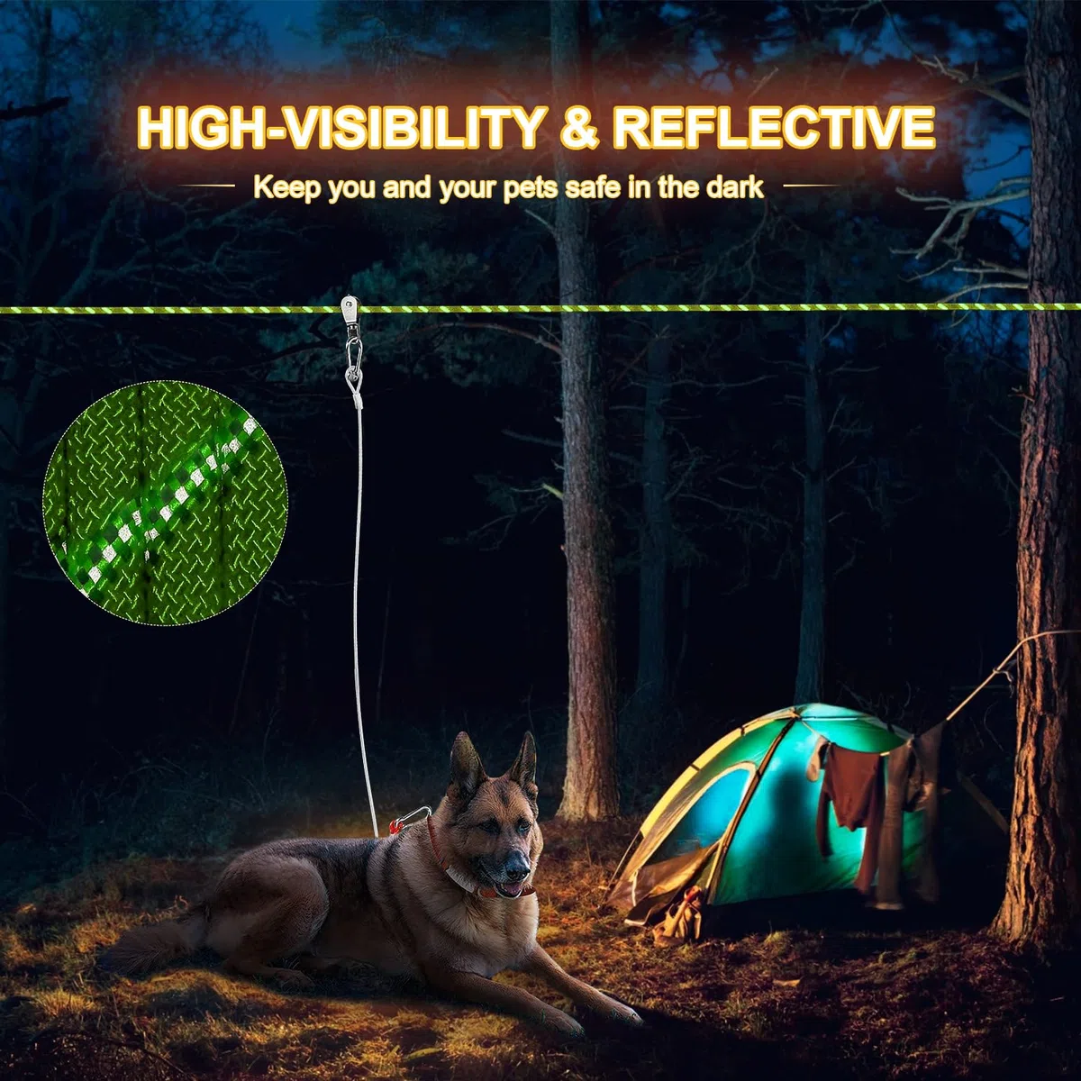Dog Camping Essentials 15,2 m tragbares Überkopf-Trolley-System, Haustier-Camping-Leine für Hunde bis zu 90 kg, Hundeläufer für Hof, Grün
