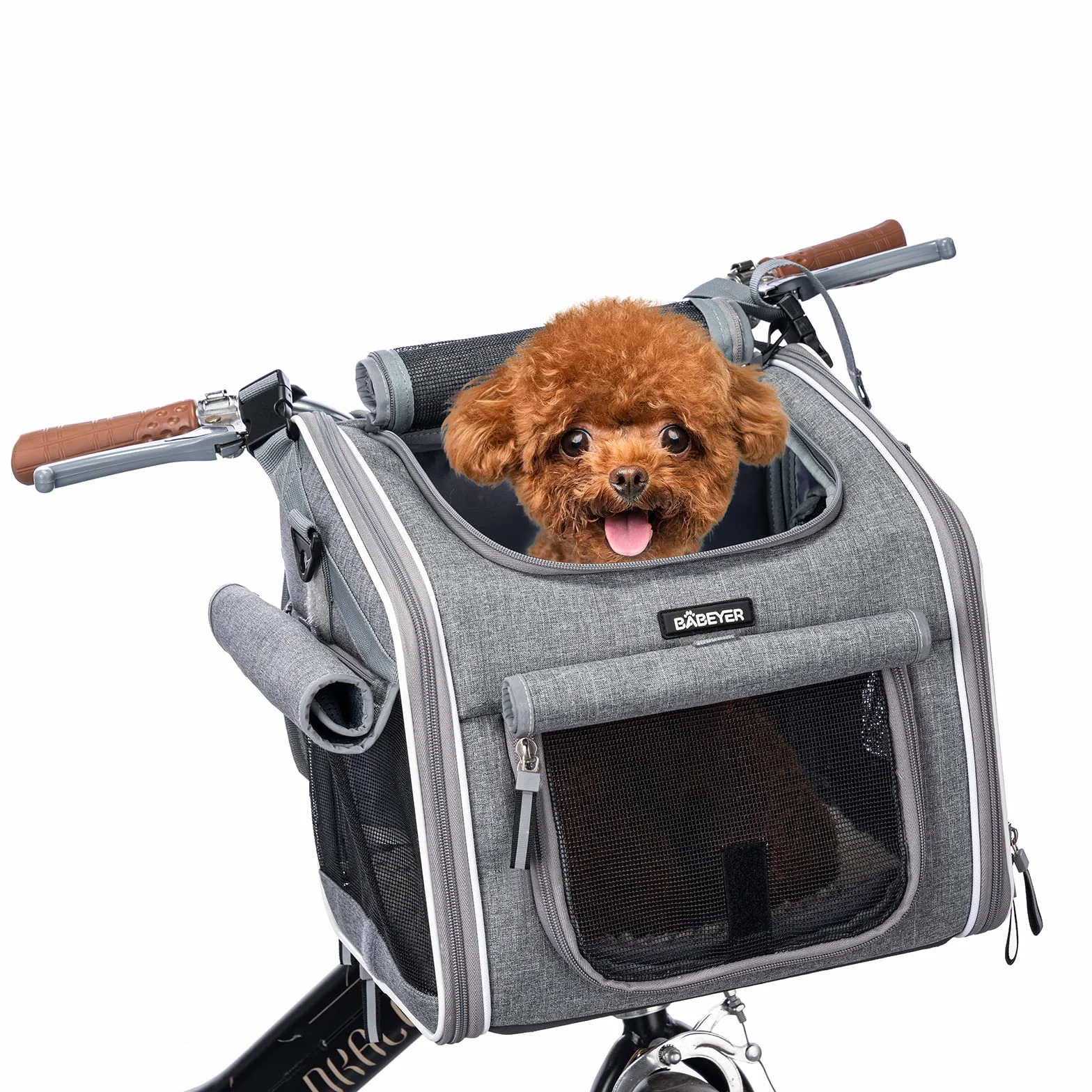 Hundefahrradkorb, erweiterbarer weicher Haustier-Tragerucksack mit 4-offenen Türen, 4-Mesh-Fenster für kleine Hundekatzen-Welpen-Grau