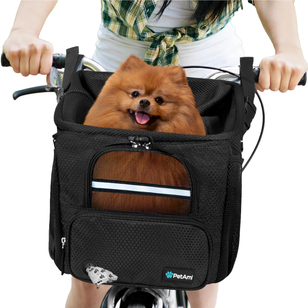 PetAmi Hunde-Fahrradkorb, weiche Seiten, belüfteter Fahrradträger-Rucksack, Haustierkorb für Lenker, kleine & mittlere Hunde, Katzen, Kätzchen, Autositz mit Gurt, Max 8,2 kg, Schwarz
