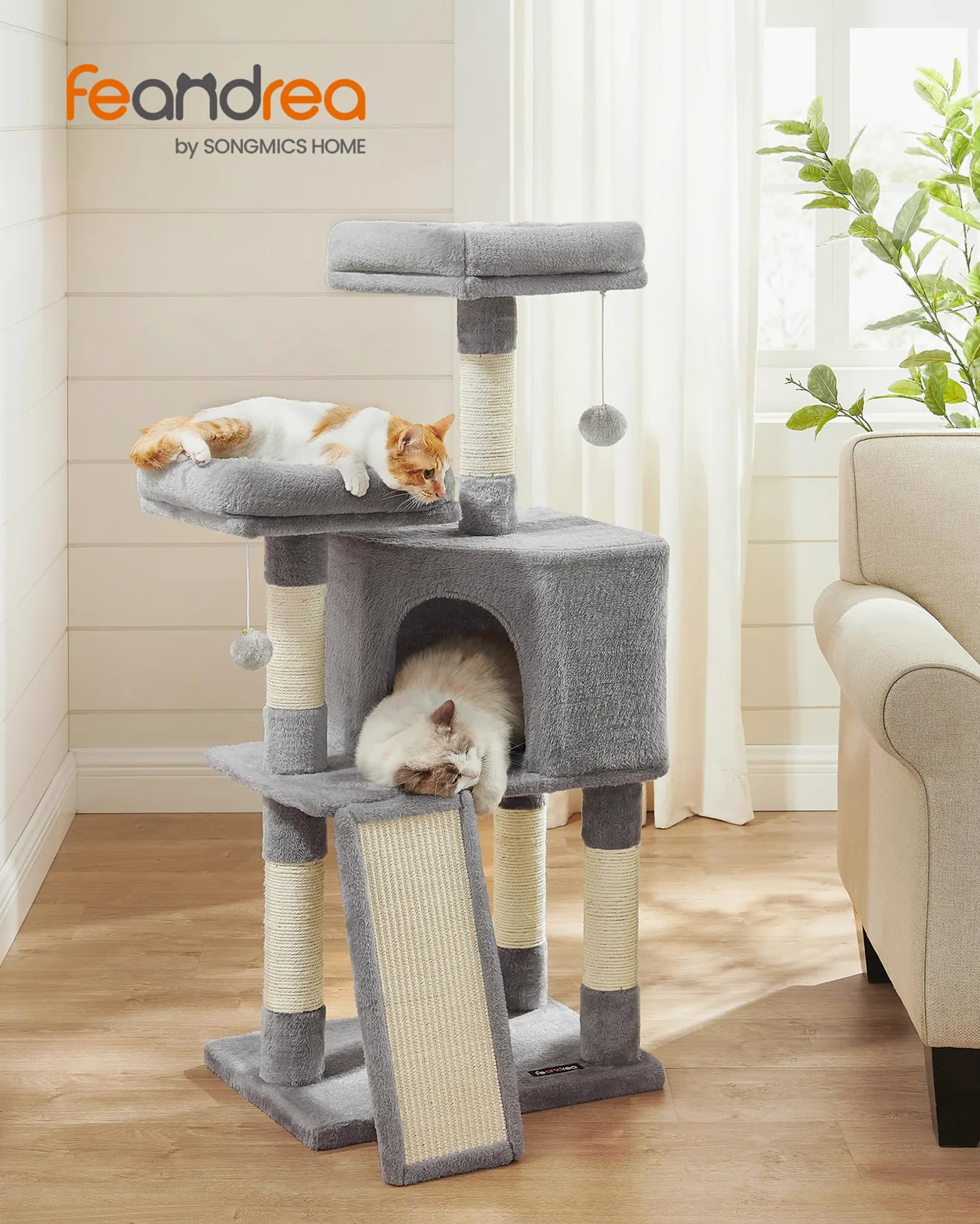 FEANDREA Kratzbaum klein, Katzenbaum mit Kratzbrett, Plattformen, für Katze, weicher Plüsch, 115 cm, vollständig mit Sisal umwickelte Säule, hellgrau PCT141W01