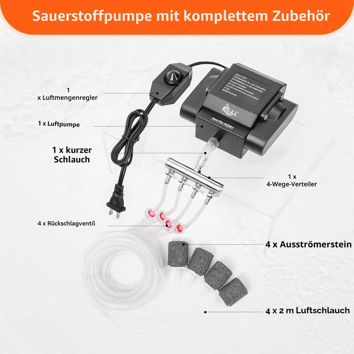 AQQA Aquarium Luftpumpe,Leistungsstarker 4 Ausgänge Aquarium Sauerstoffpumpe,10W Regelbare Sauerstoffpumpe für Aquariums,Leise Aquariums Belüfterpumpe mit komplett Zubehör,bis zu 2200L