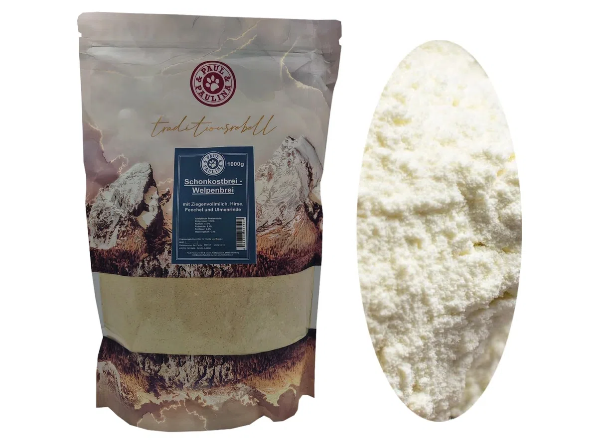 Paul & Paulina Schonkostbrei/Welpenbrei 1kg mit Ziegenvollmilchpulver, Hirse, Fenchel I Ergänzungsfuttermittel für Hunde und Katzen