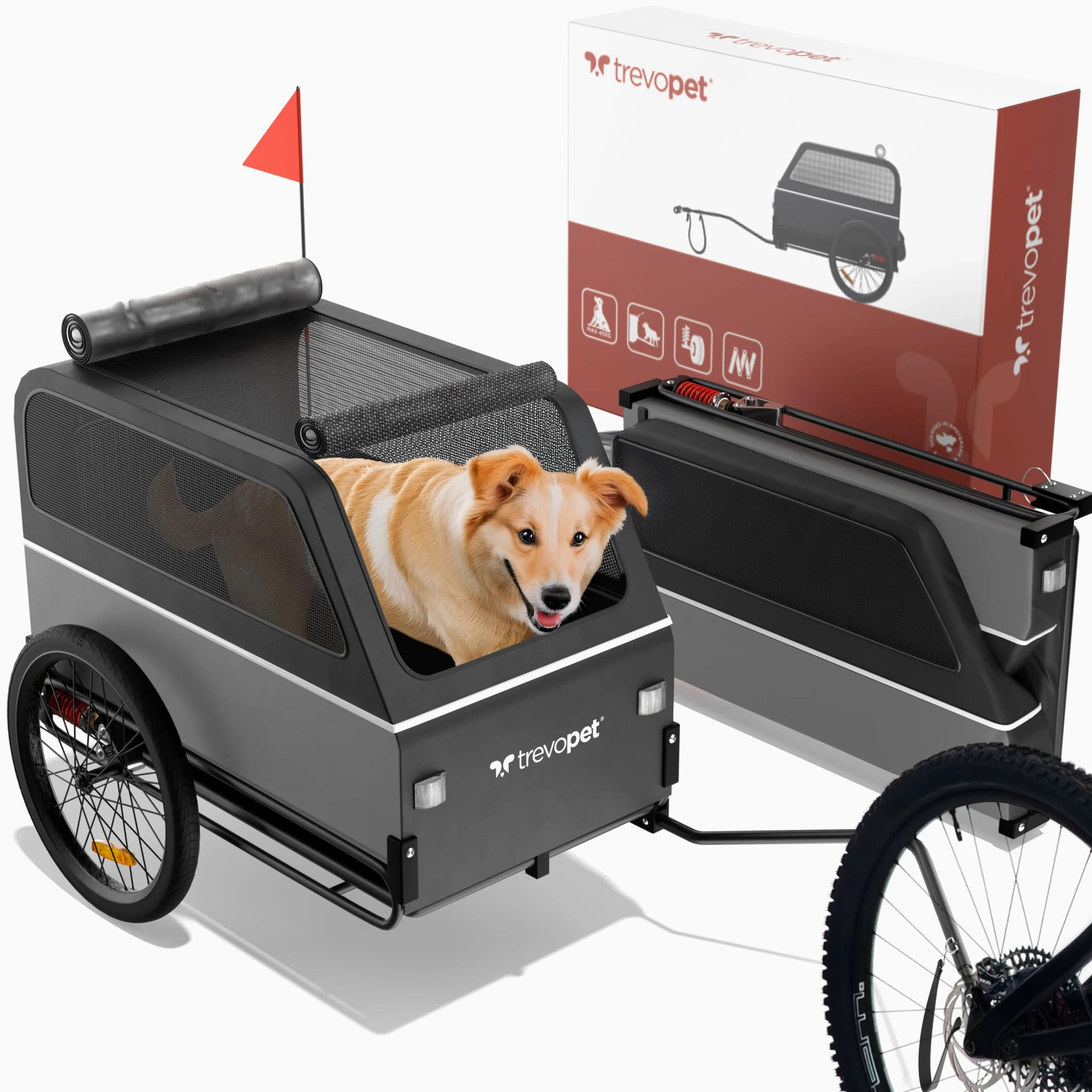 Hundeanhänger für Fahrrad XL – Faltbarer Hundefahrradanhänger mit Rampe, Federung & Kupplung – Fahrradanhänger Hunde bis 45kg – Wasserdicht – Kompatibel mit E-Bikes