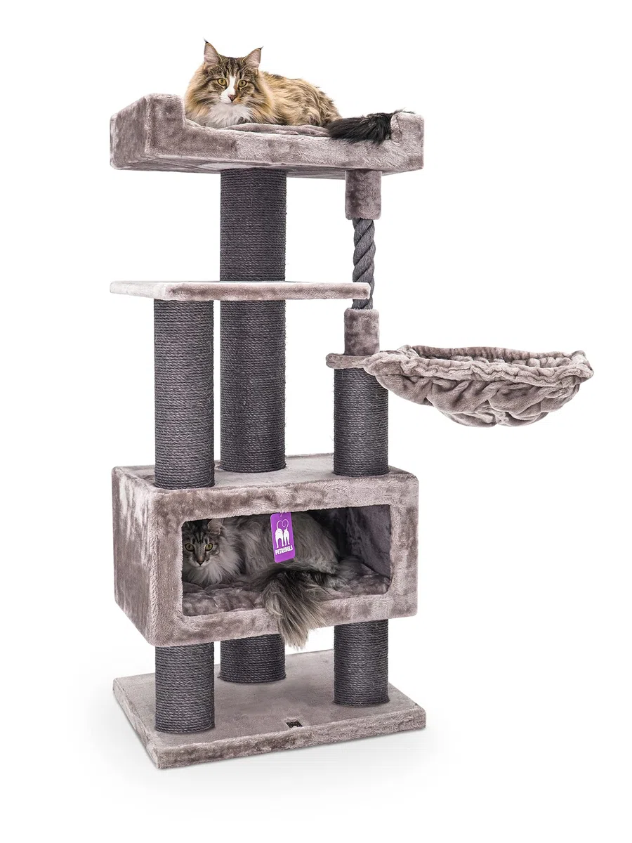 Petrebels Kratzbaum für Katzen 131 cm, Katzenbaum Stabil mit Sisalstämmen, Höhle, Hängematte und Liegeflächen, Parklane 131, Katzenkratzbaum für große und schwere Katzen, Cappuccino