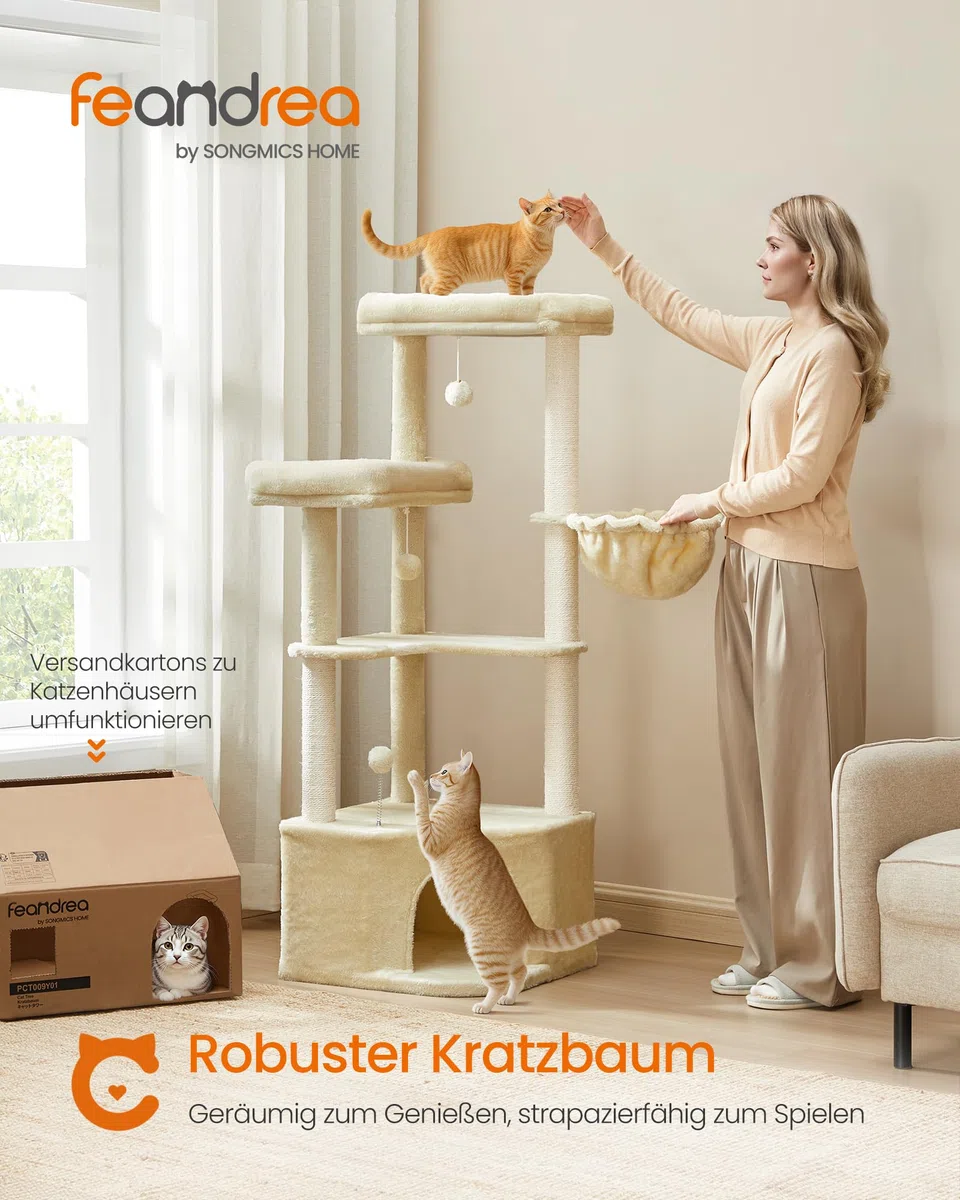 Feandrea Kratzbaum, Katzenbaum, 48,5 x 48,5 x 140,7 cm, Katzenkratzbaum mit großer Kuschelhöhle, großen Plattformen, Plüschbällen, Liegemulde, sandbeige PCT009Y01