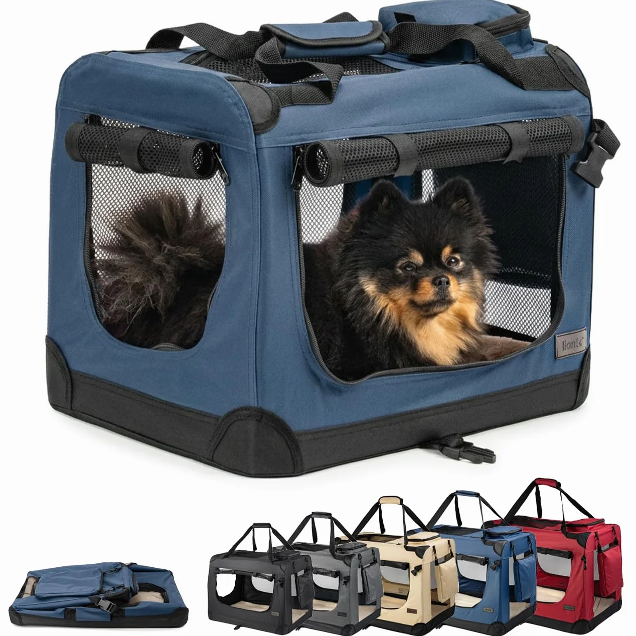 lionto Hundetransportbox faltbar für Reise & Auto, 50x34x36 cm, stabile Transportbox mit Tragegriffen & Decke für Katzen & Hunde bis 10 kg, robuste Hundebox aus Stoff für klein & groß, dunkelblau