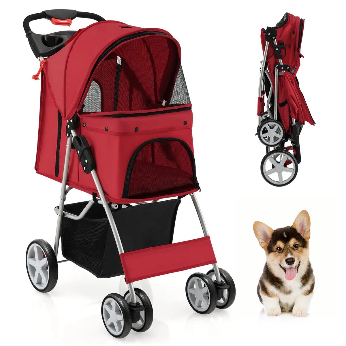GYMAX Haustierwagen, faltbarer Katzen-/Hundebuggy bis 15 kg belastbar, Hundewagen mit Aufbewahrungskorb, Regenschutzabdeckung & Netzfenster, Reisewagen mit 4 Rädern für kleine Haustiere (Rot)