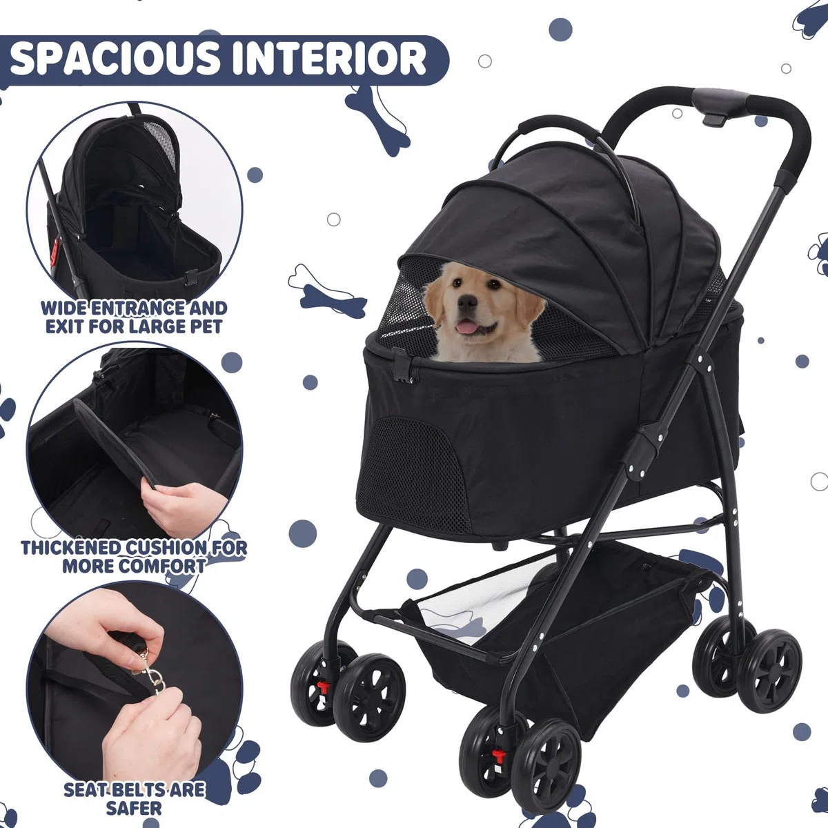Hundewagen 3 in 1, Haustiere Buggy für mittelgroße Hunde, Faltbarer Hundebuggy bis 20kg, Haustiere Transportbox, Hundewagen mit abnehmbarem Carrier Autositz und Nahrungsmittelfach (schwarz)