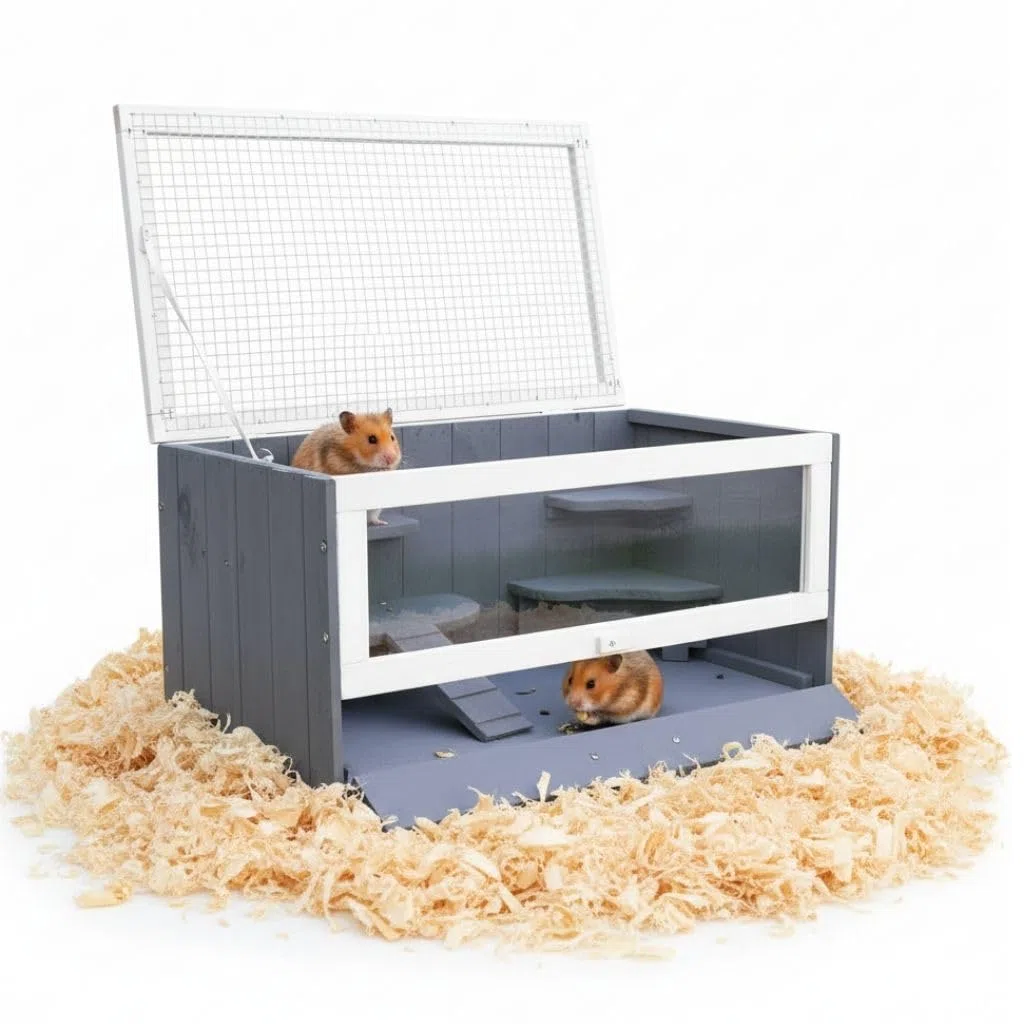 Melko Nagerkäfig aus Holz Grau/Weiß 60 x 35 x 30 cm – Kleintierstall mit Plexiglasfront & Gitterdeckel, inkl. Haus und Trinkflaschenhalter – Hamsterkäfig, Mäusekäfig, Kleintierhaus