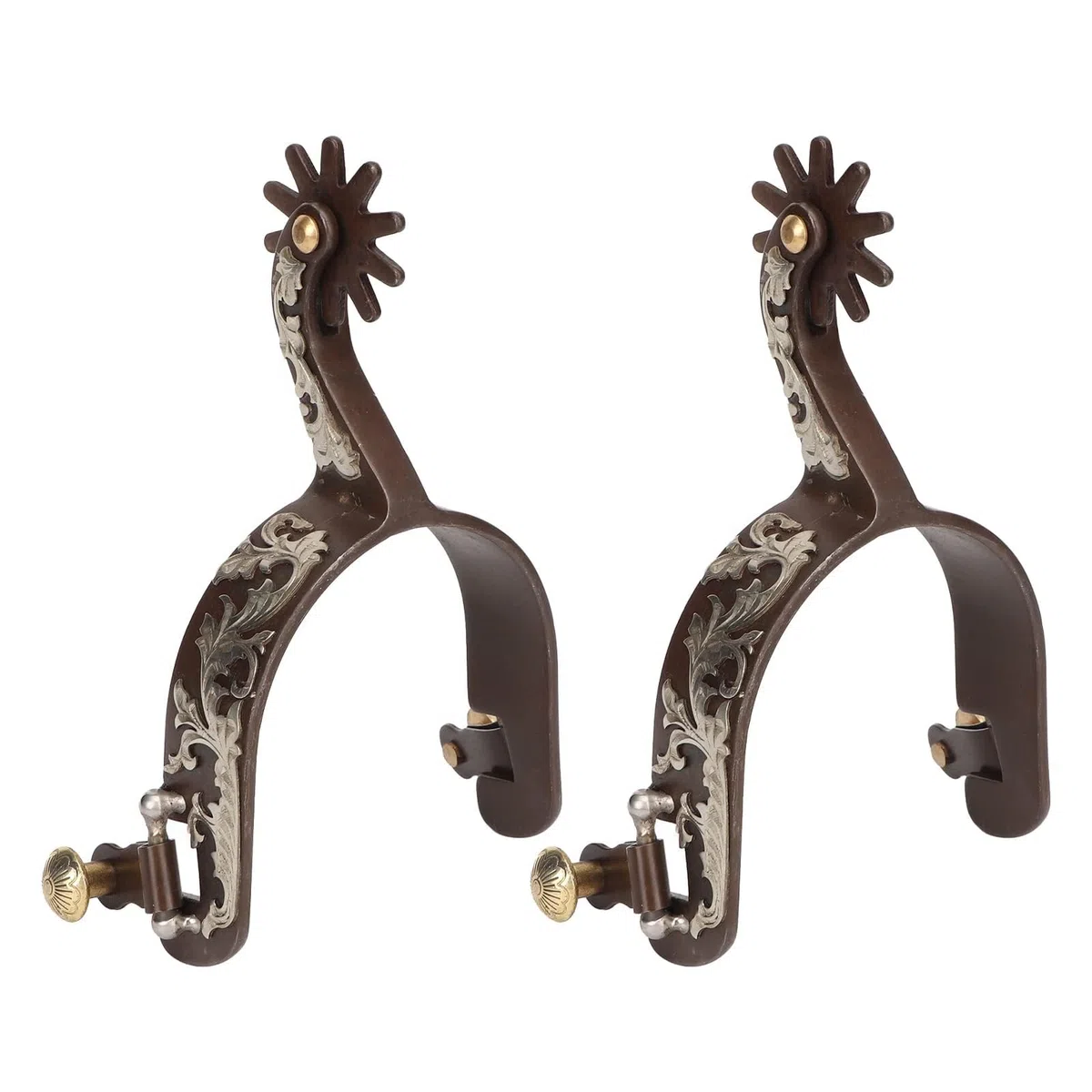 Western Cowboy Sporen Handgefertigter Echtleder-Reitsporn mit Drehbarem Zahnrad, Sporenriemen Vintage Bronze Kohlenstoffarmer Stahl Reitzubehör